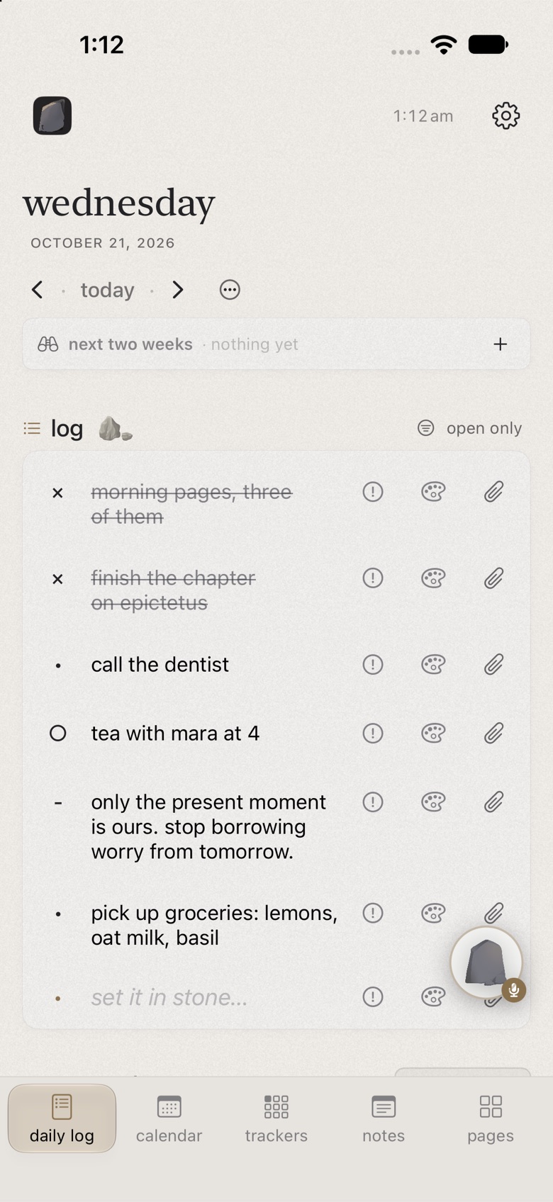 tabula on iphone: today's log and trackers