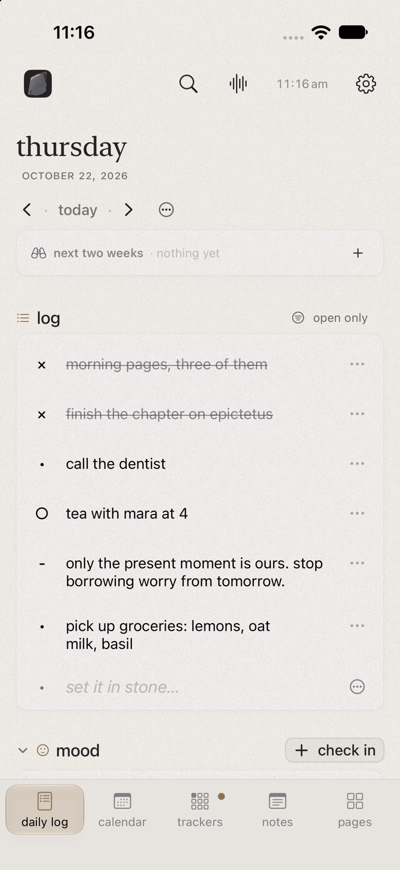 tabula on iphone: today's log and trackers