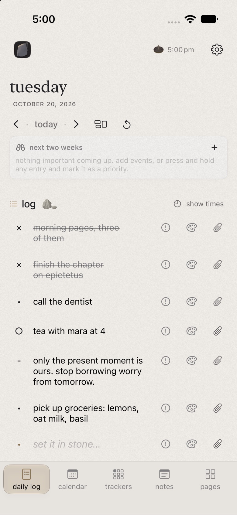 tabula on iphone: today's log and trackers