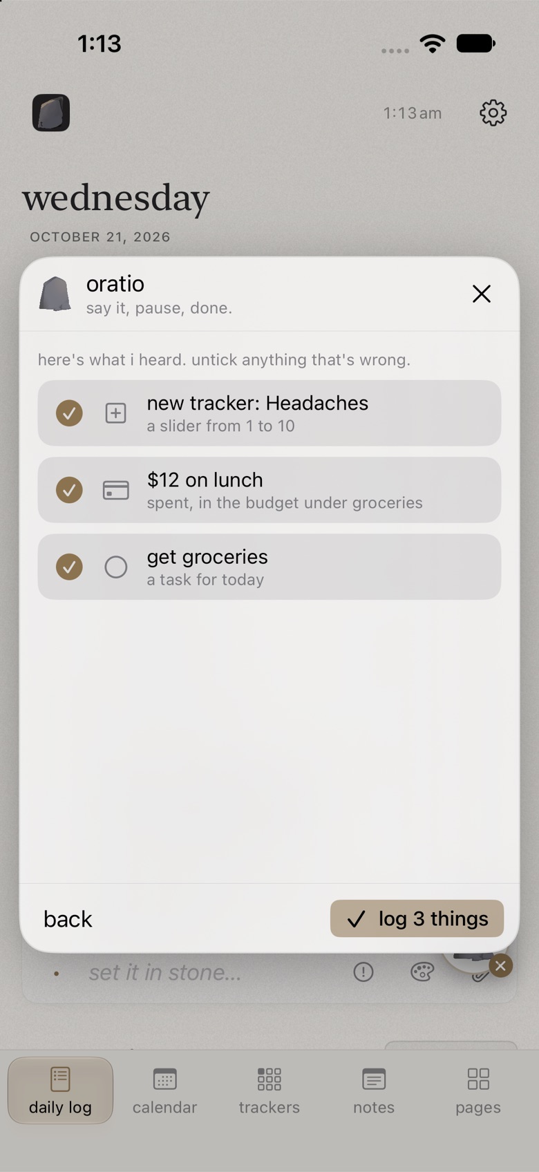 oratio on iphone, turning a sentence into a task, a new slider tracker, and a page to open