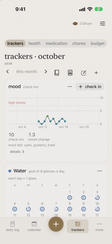 the trackers page on iphone, with a mood chart and water rings