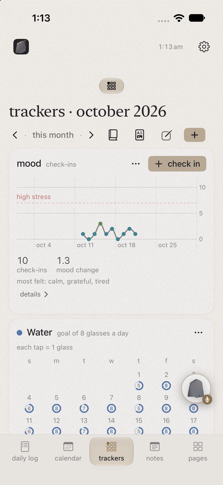 the trackers page on iphone, with a mood chart and water rings