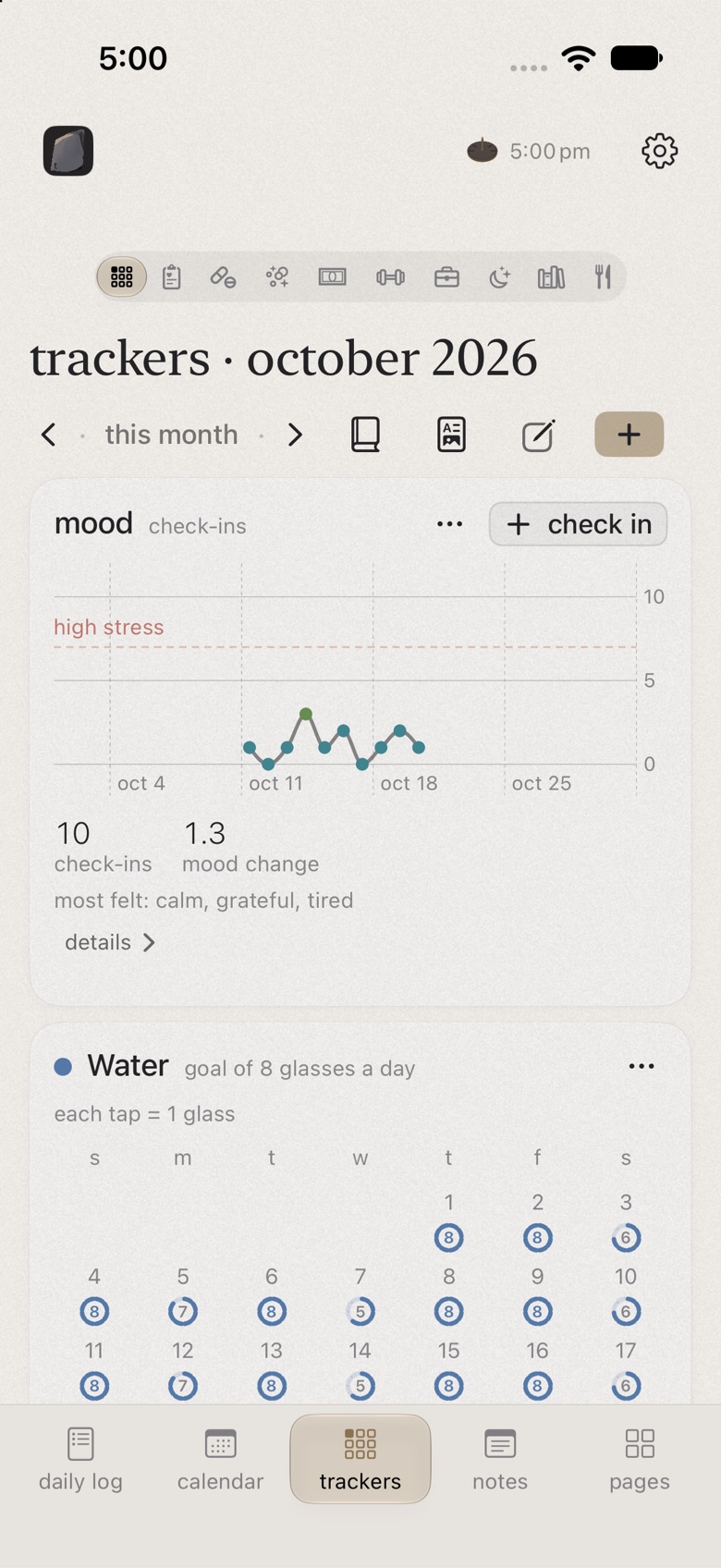 the trackers page on iphone, with a mood chart and water rings