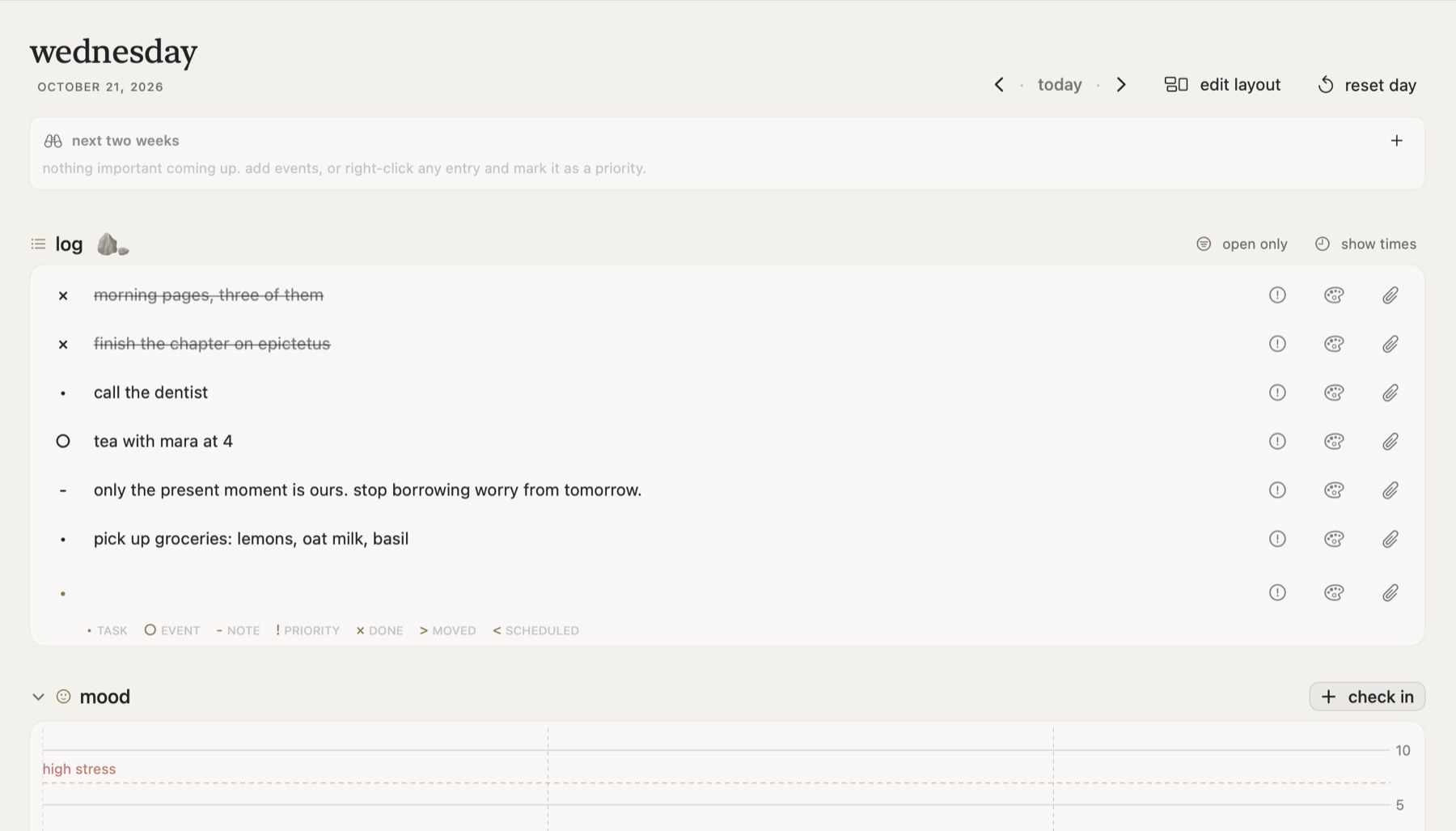 tabula on mac: today's log with tasks, events, and notes