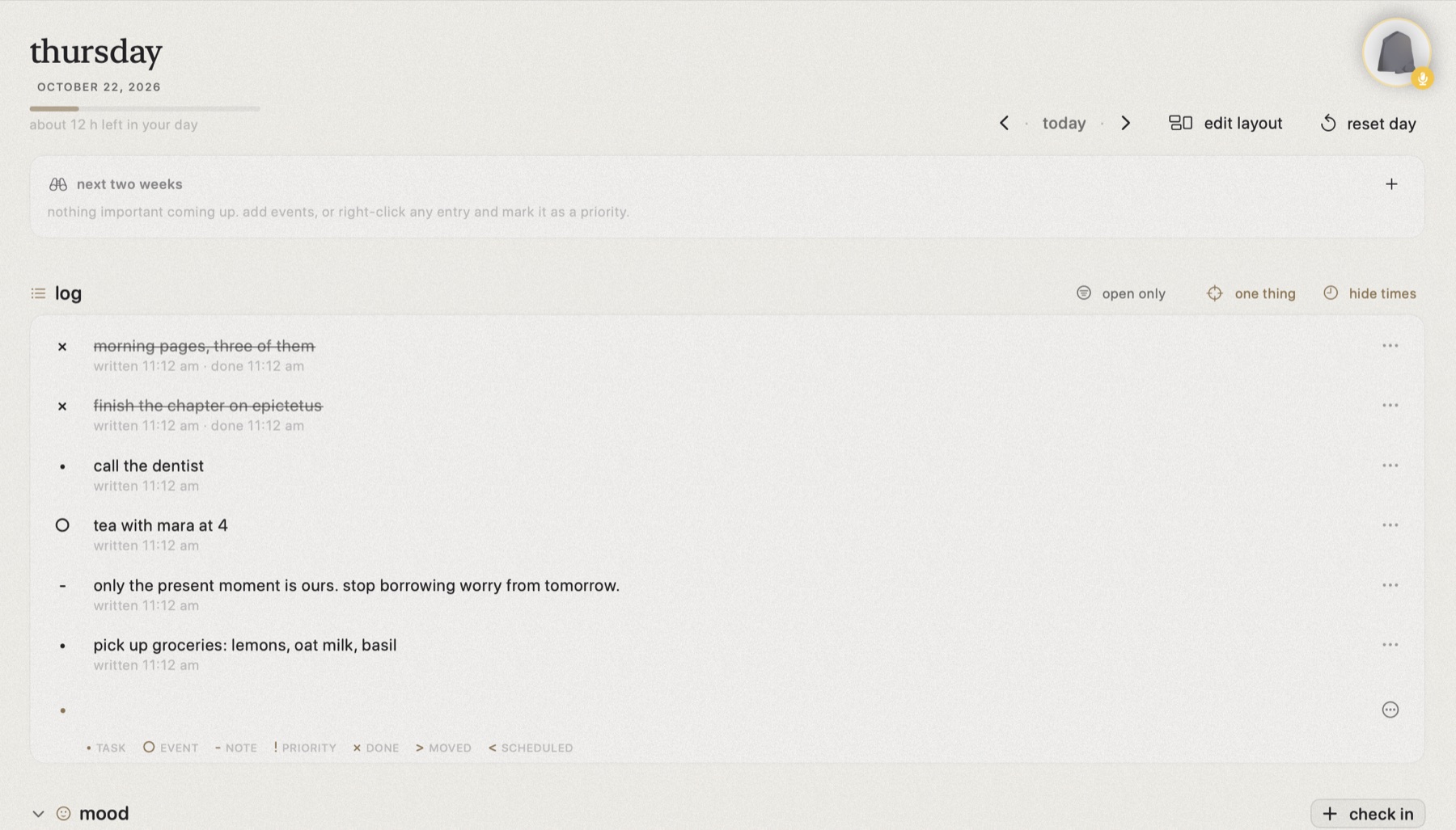 tabula on mac: today's log with tasks, events, and notes