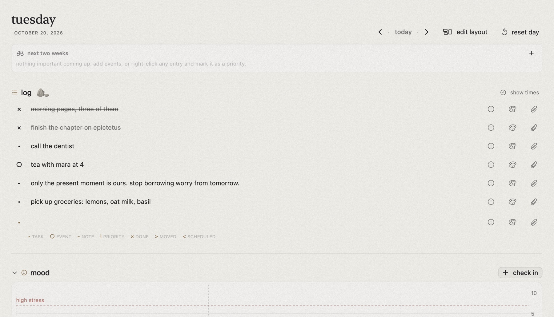 tabula on mac: today's log with tasks, events, and notes